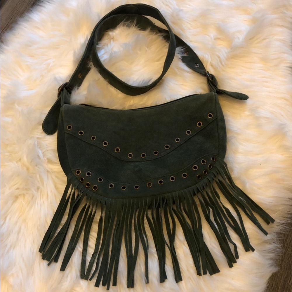 Olive leather crossbody purse fringe & grommet